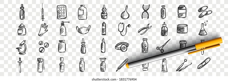 Medicine doodle set. Collection of hand drawn sketches templates patterns of treatment pills syringe pharmacological cure on transparent background. Healthcare and medical support illustration.