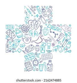 Medicine doodle set in the form of a medical cross on white. Health care, pharmacy icons. Vector illustration.