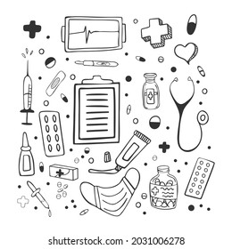 Medicine doodle set. Hand drawn icons collection for health care, pharmacy, medical support. Vector illustration on isolated background.