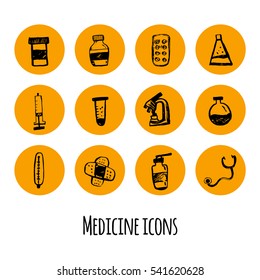 Medicine doodle sketch icon set. Hand drawn health care illustrations.