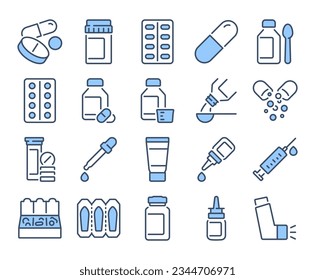 La dosificación de medicamentos forma un icono de contorno de trazo azul editable aislado en la ilustración del vector plano de fondo blanco. Pixel perfecto. 64 x 64.