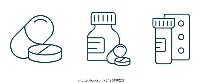 Medizin Dosierung Linie Icon Vektor. Schmerzmittel Pillen Medikamentenflaschen Blister Illustration. Für Klinik, Apotheke, Drogerie 