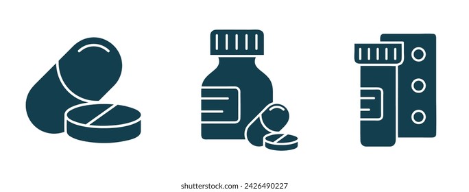 Medizin Dosierung Solide Icon Vektor. Schmerztabletten Medikamentenflaschen Blister Illustration. Für Klinik, Apotheke, Drogerie 