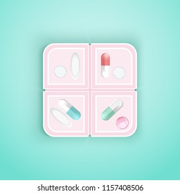 Medicine Dose Box On Blue Background - Daily Dosage Of Medication In Pill Dispenser.Vector Illustration