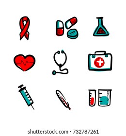 Medicine drawn doodle vector icons set isolated on white background.