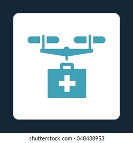 Medicine Drone Delivery vector icon. Style is flat rounded square button, blue and white colors, dark blue background.