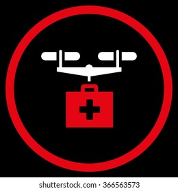 Medicine Drone Delivery vector icon. Style is bicolor flat circled symbol, red and white colors, rounded angles, black background.