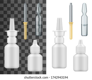 Medicine drop bottles, dropper and ampule realistic mockups. Vector containers of white plastic and glass for eye drops and nose or nasal spray, pipette or eyedropper and vial, medical package design