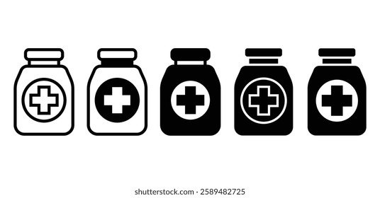 medicine drug bottle icon symbol vector design black white outline and black solid color illustration sets