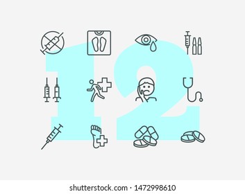 Medicine and drug icons. Set of line icons on white background. Syringe, injection, illness. Hospital concept. Vector illustration can be used for topics like medicine, drug store, healthcare
