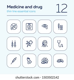 Medicine and drug icons. Set of line icons on white background. Syringe, injection, illness. Hospital concept. Vector illustration can be used for topics like medicine, drug store, healthcare