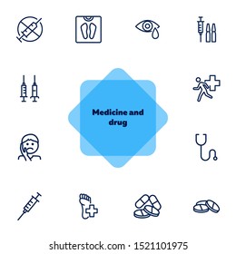 Medicine and drug icons. Set of line icons on white background. Syringe, injection, illness. Hospital concept. Vector illustration can be used for topics like medicine, drug store, healthcare