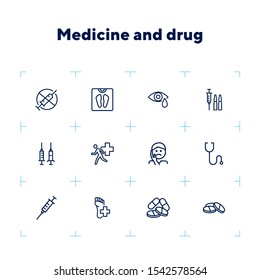 Medicine and drug icons. Set of line icons on white background. Syringe, injection, illness. Hospital concept. Vector illustration can be used for topics like medicine, drug store, healthcare