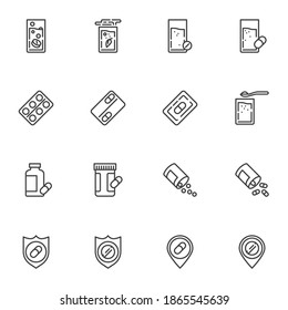 Medicine drug line icons set, outline vector symbol collection, linear style pictogram pack. Signs logo illustration. Set includes icons as medical pill and glass of water, pharmaceutical blister pack