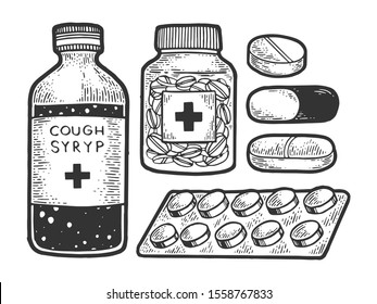 Medicine drug set sketch engraving vector illustration. T-shirt apparel print design. Scratch board style imitation. Black and white hand drawn image.