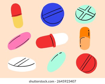 Coleção de Ícones de Tablet de Medicamentos e Medicamentos. Uma coleção arrojada de comprimidos de medicamentos e medicamentos, incluindo comprimidos para cápsulas e comprimidos ranhurados em vermelho azul verde e branco. Perfeito para a saúde dos ícones de farmácia