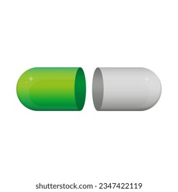 Medicine drug vitamin. Green open capsule. Vector illustration. EPS 10.