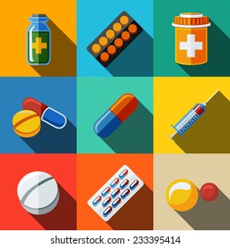 "Medicine (drugs) flat icons set with long shadow - pillsbox, tablets, pill, blister, vitamins, syringe, liquid medicine.