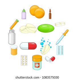 Medicine drugs icons set. Cartoon illustration of 16 medicine drugs vector icons for web