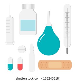 medicine and drugs icons set. flat style vector illustration