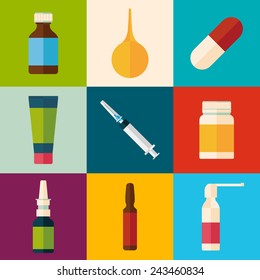 medicine and drugs icons set with long shadows. flat style vector illustration