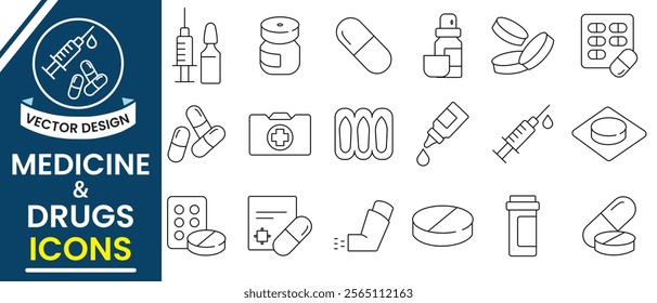 Medicine and Drugs line icon, vector set. Set of medicine icons, pharmacy, drug store, capsule, syringe, syrup, drop line icon. Medical preparate, Pharmacy flat icon set. Vector illustration.