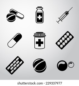 Medicine (drugs) monochrome icons set with - pills box, tablets, pill, blister, vitamins, syringe, liquid medicine.