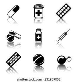 Medicine (drugs) monochrome icons set with reflections - pills box, tablets, pill, blister, vitamins, syringe, liquid medicine.