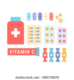 Medicine, drugs, pharmacy hospital icons set. Bottle pills, antibiotic blister vitamin c throat lozenge cough sweet, vial. Medication, pharmaceuticals concept. Flat medical therapy vector illustration