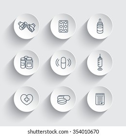 medicine, drugs, pills, line icons on round 3d shapes, vector illustration