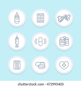 medicine, drugs, pills line icons, pharmaceutics, supplements, pharmaceuticals, treatment, medication, vaccination