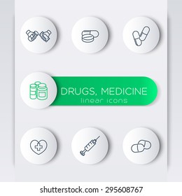 medicine, drugs, pills, line round modern icons with banner, vector illustration, eps10, easy to edit