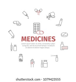 Medicine drugs pills. Medical supplies line icons set. Vector sign