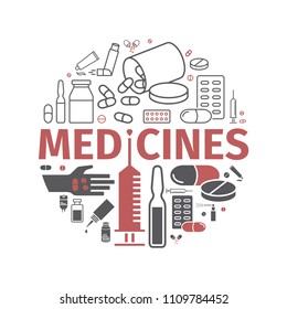 Medicine drugs pills. Medical supplies banner. Vector sign