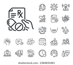 Medicine drugs pills sign. Online doctor, patient and medicine outline icons. Prescription Rx recipe line icon. Prescription drugs line sign. Veins, nerves and cosmetic procedure icon. Vector