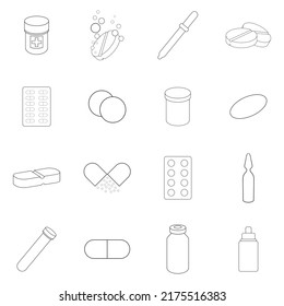 Medicine drugs set icons in outline style isolated on white background