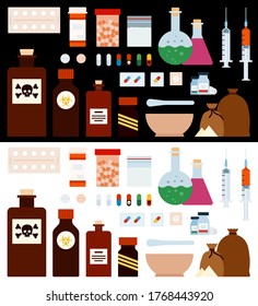 Medicine and Drugs Set vector flat icons. Isolated on white and black