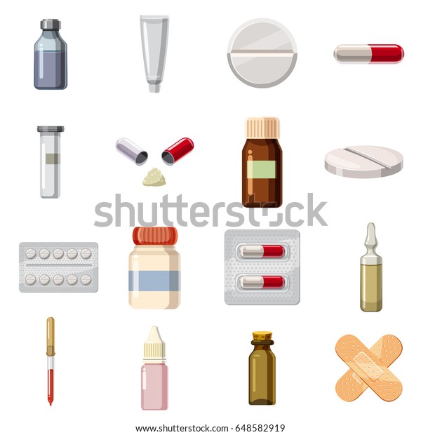 薬の種類のアイコンセット ウェブ用の16種類の薬の種類のベクター画像アイコンの漫画のイラスト のベクター画像素材 ロイヤリティフリー