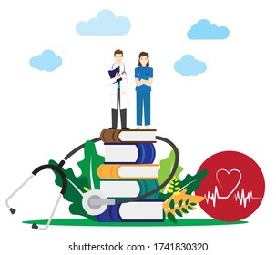 Medicine And Education Concept. Young Female And Male Doctor. Flat Modern Vector Of Online Education And Medical Students.