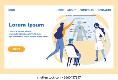 Medicine Education. Medic Students at Classroom, Girl Reply Homework of Arterial System. Teacher in White Robe Holding Pointer, Man Sitting at Chair Cartoon Flat Vector Illustration, Horizontal Banner