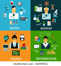 Medicine, Education And Science Professions Flat Icons Of Doctor With Drugs, Teacher And Mathematician With School Supplies, Scientist With Laboratory Equipment