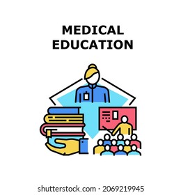 Medicine Education Vector Icon Concept. Medicine Education Literature Reading Student And Studying On Medical Lecture And Seminar. University And College Educational Lesson Color Illustration