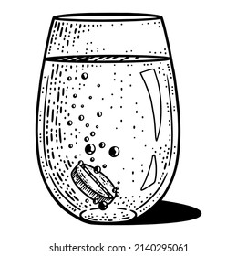 Medicine, effervescent tablet in a glass of water. Line art sketch picture. Hand drawn.