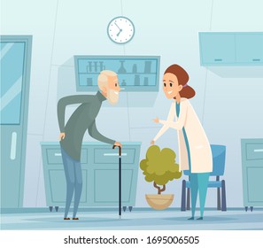 Medicine for elderly. Geriatrics, old man and doctor. Hospital visit, medical facility and nurse with patient vector illustration