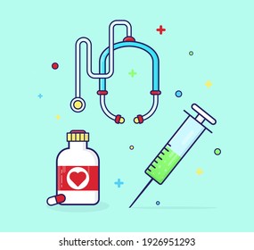 Medicine element, Medical equipment, Flat vector illustration. Medical icons, medical equipment tools. Concept health and treatment. Vector illustration