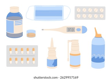 Conjunto de elementos de medicamento. Bolhas com cápsulas, spray nasal, xarope para tosse, spray para dor de garganta e termômetro digital. Ilustração isolada de vetor plano