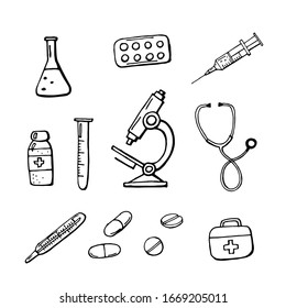 Elementos medicinales aislados sobre fondo blanco. Esquema de dibujo manual. Ilustración de material vectorial.