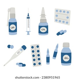 Medicine elements.bottle with pills, capsules, blister with pills,spray,thermometer.