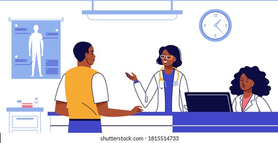 Medicine Emergency Concept With Black Doctor And Patient In Flat Style On Hospital Hall Background. Young African, American, Ethnic, Doctor Receptionist Woman In Reception Room. First Aid