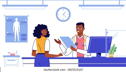 Medicine Emergency Concept With Black Doctor And Woman Patient In Flat Style On Hospital Hall Background. Young African American Ethnic Doctor Receptionist Man In Reception Room. First Aid